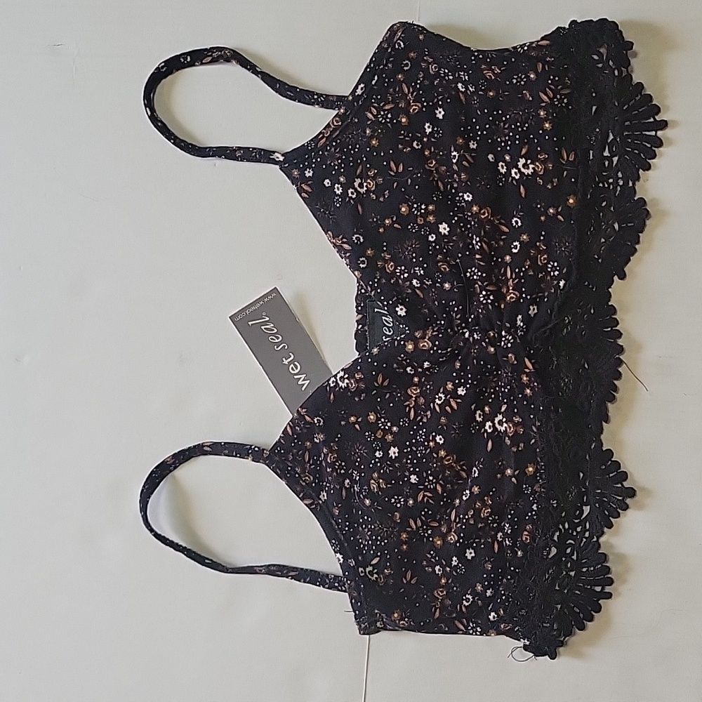 NWT Wet Seal black bralette w/floral print & embroidered detail, S